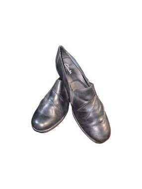 Clarks Womens Shoes Size 9.5M Black Leather Loafer Wedge Heel Shoe Casual